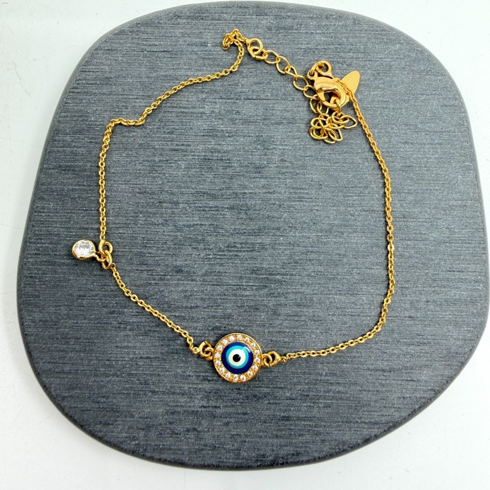 Y2K Gold Tone Evil Eye Bracelet with Clear Crystal Accent Delicate Chain Jewelry